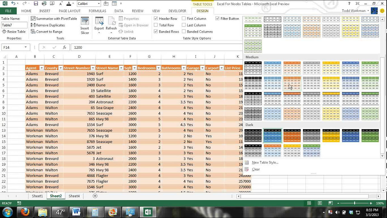 Excel Table Features