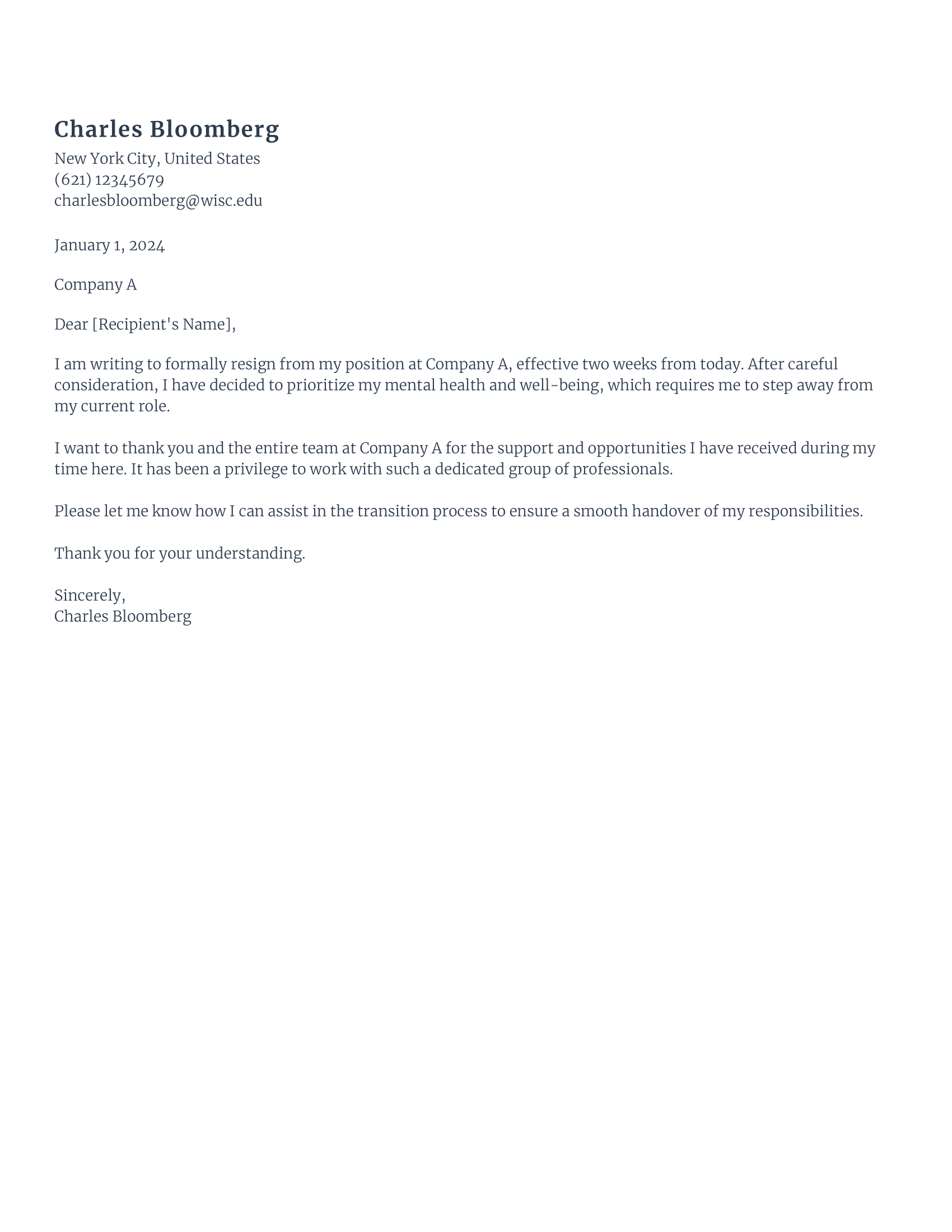 Resignation Letter Format